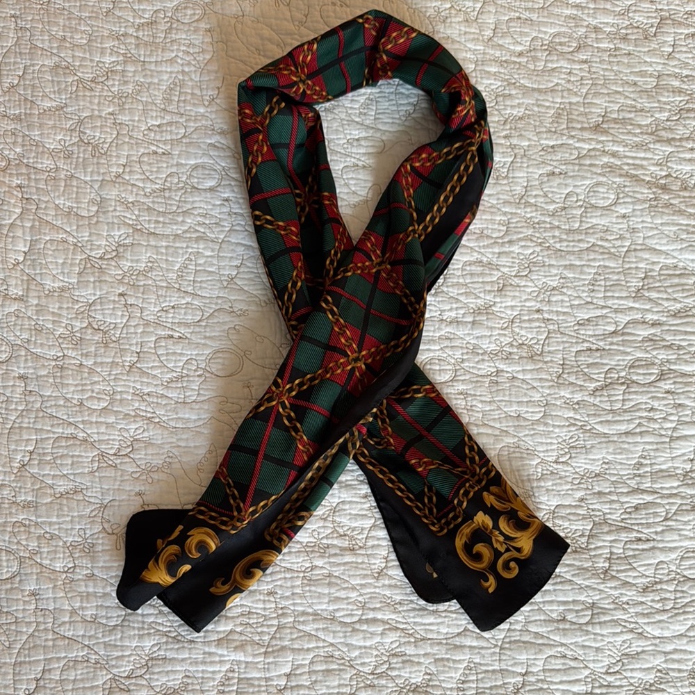 Vintage Green and Black Scarf with Gold Accents